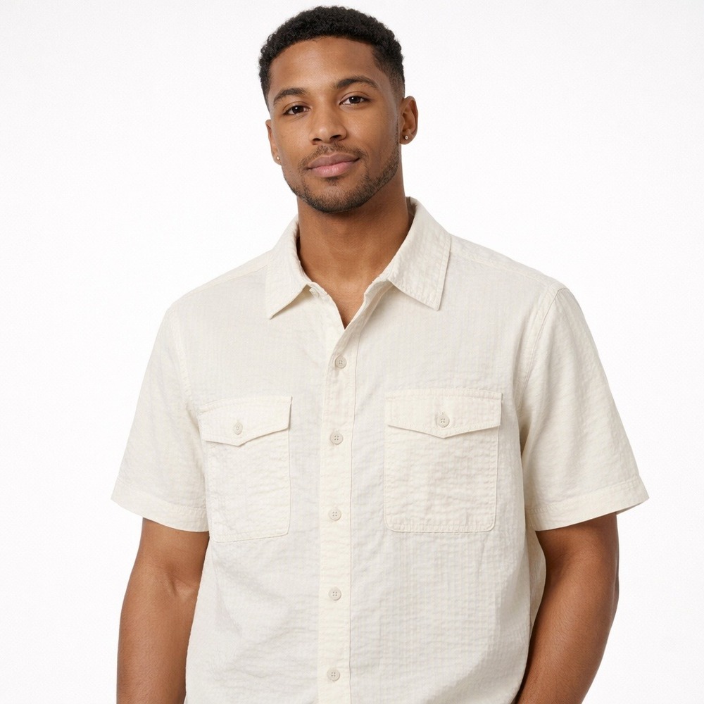 American Eagle Seersucker Beige Button Down Venture Out Stretch Shirt Large